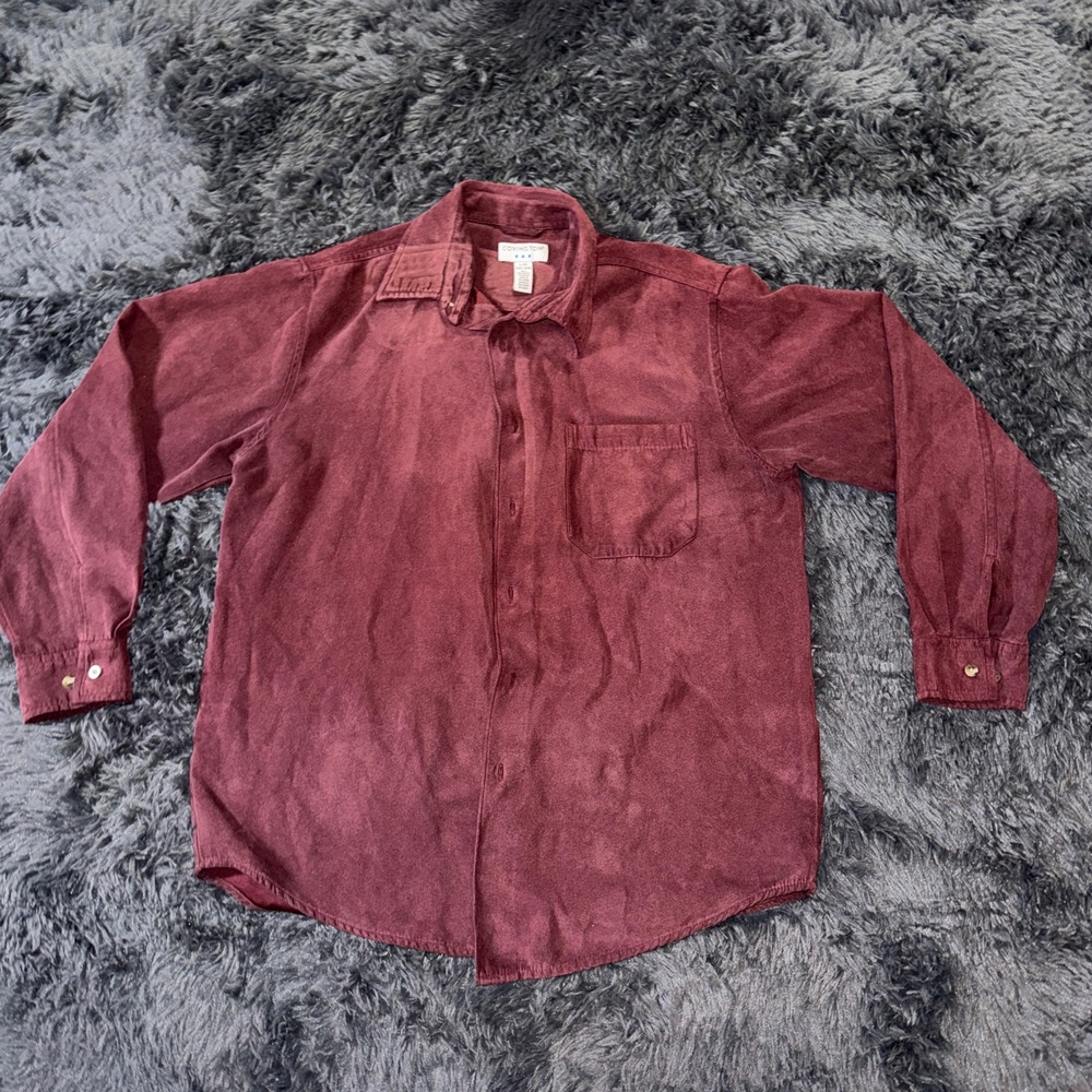 Covington Mens Faux Suede Button Down Shirt Large Burgundy Soft Polyester